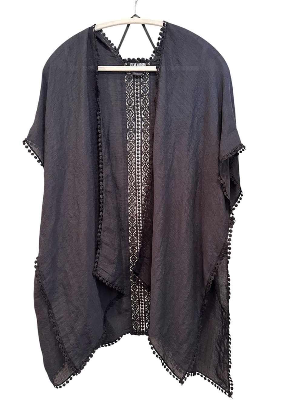 Steve Madden Black Lightweight Kimono  Cover-Up with Pom Trim One Size